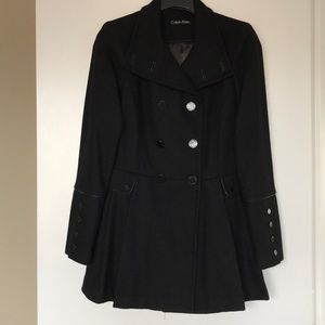 Calvin Klein Double Breasted, Pleated Wool Coat